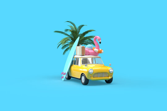 A yellow vintage car. On the roof there is a suitcase, a ball, a circle and a flamingo for swimming, a surfboard on the side. 3d on the topic of travel, recreation, tickets, the sea. Blue background.