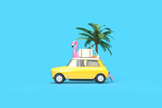 A yellow vintage car. On the roof there is a suitcase, a ball, a circle and a flamingo for swimming, a surfboard on the side. 3d on the topic of travel, recreation, tickets, the sea. Blue background.