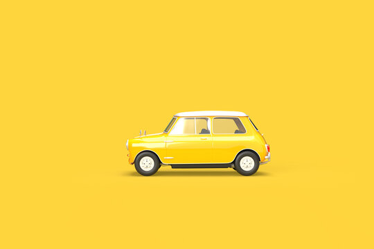 Vintage yellow car on a yellow background. 3d rendering on the topic of transport, car, spare parts, work, business, design. Minimal style. Side view.
