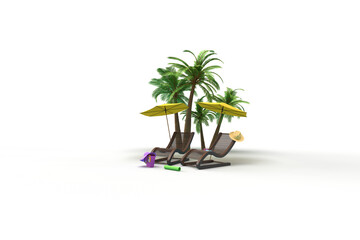 A chaise longue, an umbrella from the sun. A suitcase, a ball, a circle and a flamingo for swimming. Palm trees. 3d on the theme of travel, recreation, tickets, the sea. Transparent background.