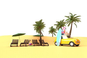 Obraz premium A yellow vintage car on the beach. On the roof there is a suitcase, a ball, a circle and a flamingo for swimming. Surfboard, palm trees. 3d on the theme of travel, recreation, tickets, the sea.