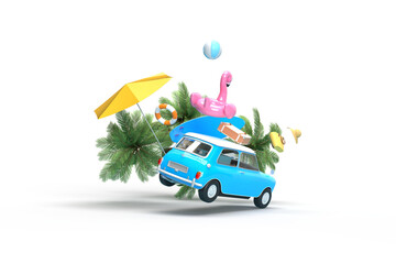 The blue vintage car is flying. On the roof there is a suitcase, a ball, a circle and a flamingo for swimming. Surfboard, palm trees. 3d on the theme of travel, recreation, tickets, the sea.