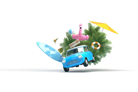 The blue vintage car is flying. On the roof there is a suitcase, a ball, a circle and a flamingo for swimming. Surfboard, palm trees. 3d on the theme of travel, recreation, tickets, the sea.