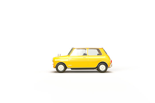 Vintage yellow car on a transparent background. 3d rendering on the topic of transport, car, spare parts, work, business, design. Minimal style. Side view.