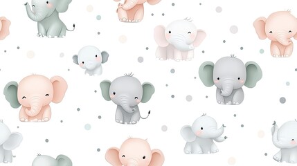 This delightful pattern features cute baby elephants in pastel pink, grey, and sage green against a white background adorned with polka dots, ideal for playful creations SEAMLESS PATTERN