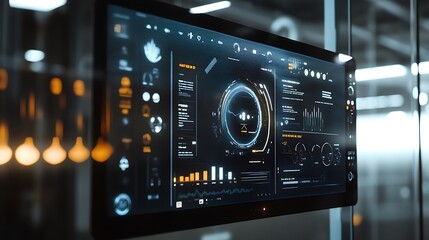 Futuristic interface on large screen monitor with digital graphics and data visualization