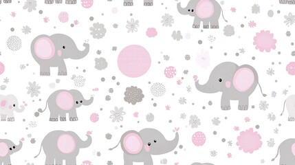 Fototapeta premium This delightful pattern features cute baby elephants in pastel pink, grey, and sage green against a white background adorned with polka dots, ideal for playful creations SEAMLESS PATTERN