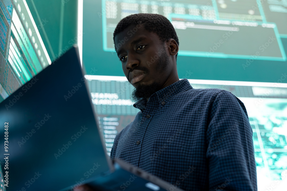 Poster governmental hacker exploiting server systems in high tech operations center, executing cyber defens