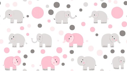 Fototapeta premium This delightful pattern features cute baby elephants in pastel pink, grey, and sage green against a white background adorned with polka dots, ideal for playful creations SEAMLESS PATTERN