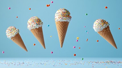 Floating ice cream cones with sprinkles on a pastel blue background, each cone in sharp focus with bright, clear details and vibrant colors