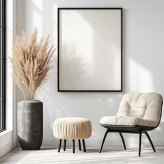 Modern Interior Poster Frame Decor on White Wall Background, 3D Rendering