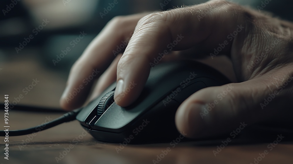 Aufkleber close up of hand using computer mouse on desk, technology and work concept