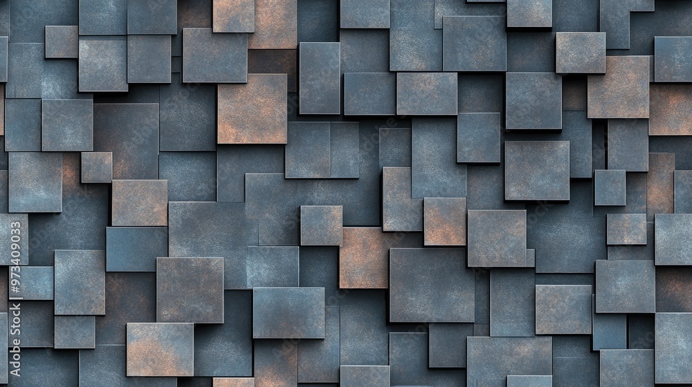 Poster an abstract composition features various black metal tiles showcasing unique textures and forms, enh
