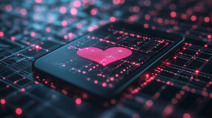 An online dating scam depicted with fake profiles and suspicious messages, with cybersecurity measures flagging the activity.