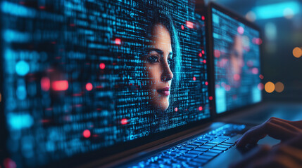 An online dating scam depicted with fake profiles and suspicious messages, with cybersecurity measures flagging the activity.