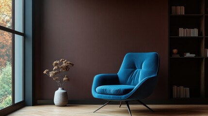 Modern Living Room Interior with Stylish Blue Velvet Armchair on Wooden Wall