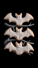 Fototapeta premium Top view of halloween bat cookies isolated on black background