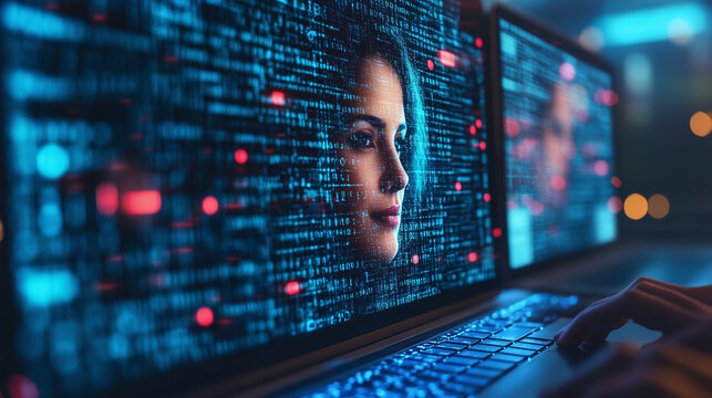 An online dating scam depicted with fake profiles and suspicious messages, with cybersecurity measures flagging the activity.