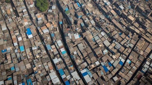 Aerial view of densely populated slum housing showing poverty in mumbai india