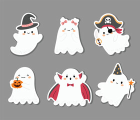 Ghost stickers collection in flat style. Cute ghosts in various Halloween costumes, vampire, wizard, pirate. Vector flat illustration in hand drawn style isolated on gray background.