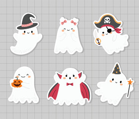 Cute ghost stickers set. Ghosts in various costumes for Halloween. Vector flat illustration in hand drawn style isolated on checkered background.