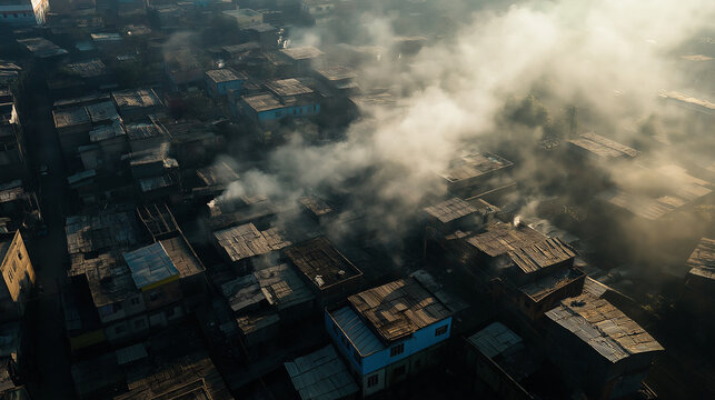 Smoke covering crowded slum houses in dharavi india