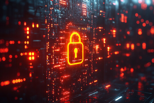 A secure HTTPS connection visualized with a padlock and encrypted data transmission.