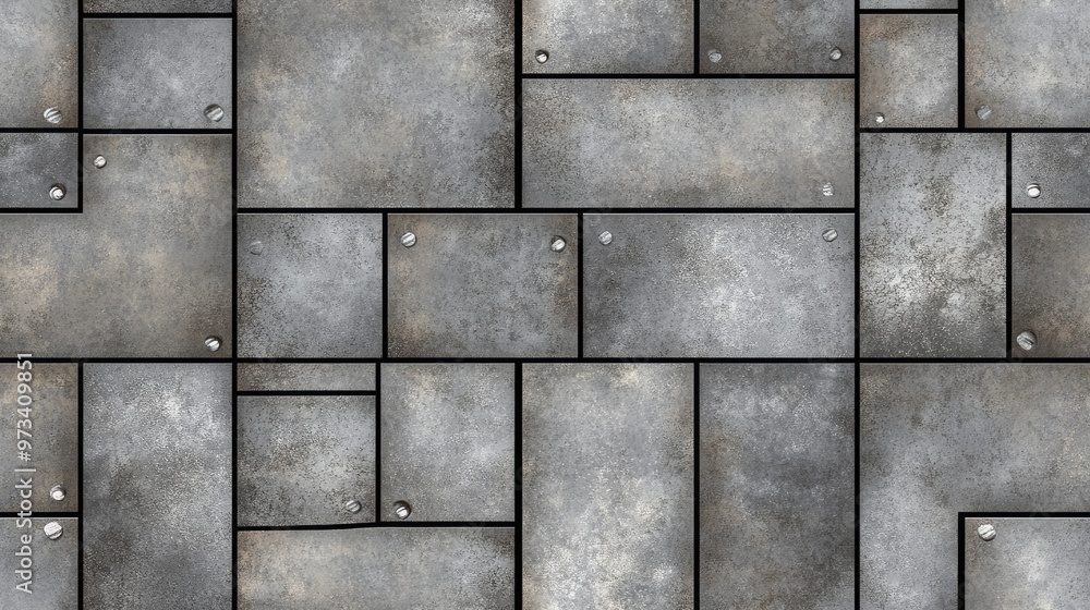 Poster an abstract composition features various black metal tiles showcasing unique textures and forms, enh