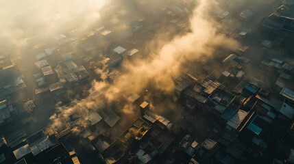 Fototapeta premium Smoke covering shanty town in developing country at sunrise