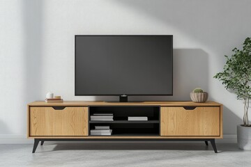 Modern Living Space with TV Cabinet, White Wall and Wooden Furniture