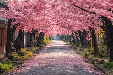 A path lined with cherry blossoms in full bloom