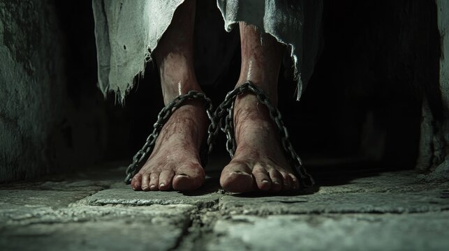 Imprisonment and Pain: The Chains Around a Female Prisoner&rsquo;s Bloodied Feet Represent the Harsh Reality of Punishment and Oppression