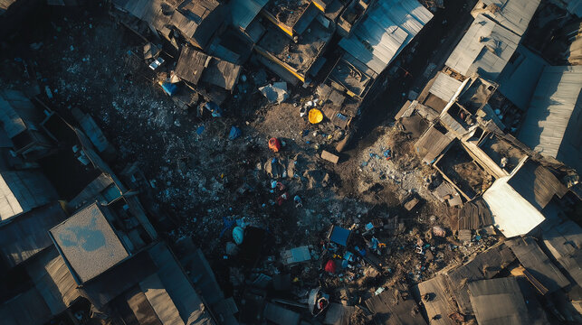 Aerial view depicting poverty and overpopulation in a slum