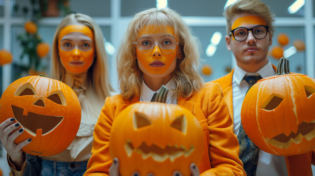 Office Costume Contest, employees wear creative costumes and compete for prizes, Halloween, with copy space