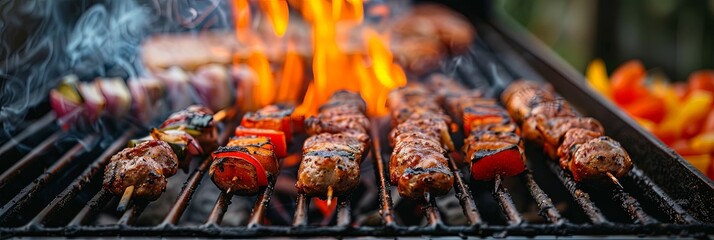 Vividly colorful kebabs comprising meat and vegetables grilling over an open flame, creating an...