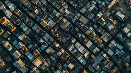 Drone point of view showing impoverished slum housing with dense population