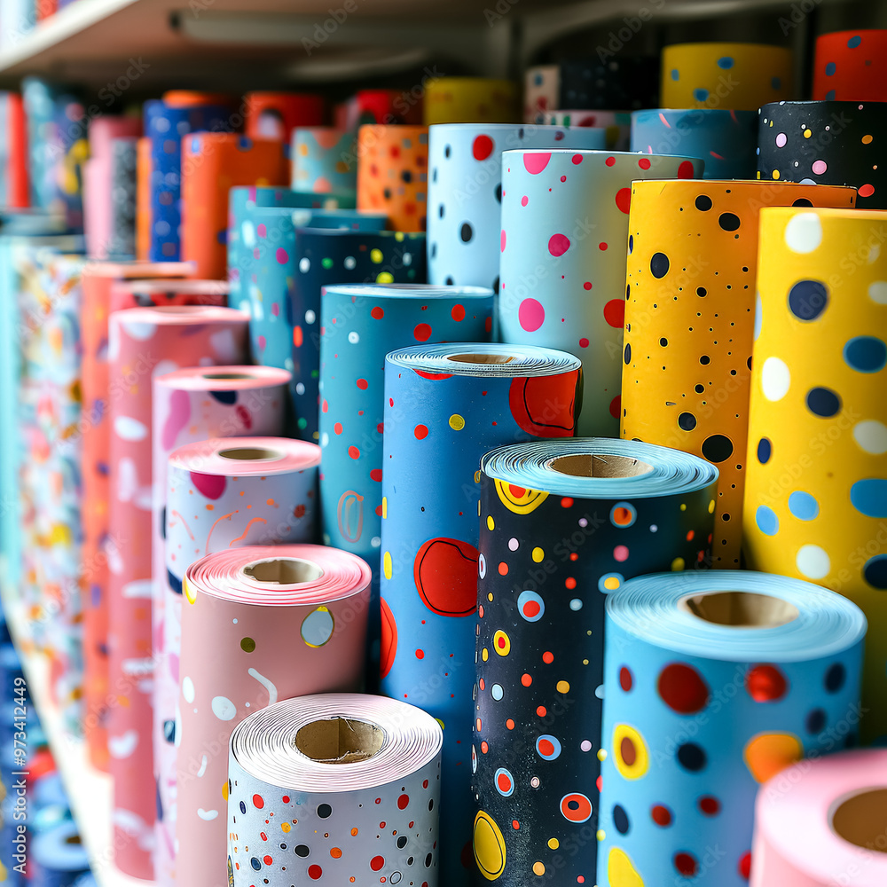 Poster a row of colorful rolls of paper with dots on them