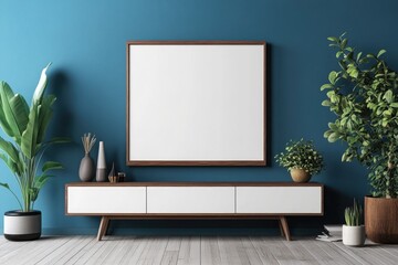 Modern Living Room Interior with Poster Mock-up on White Cabinet TV and Blue Wall Background