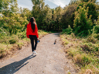 Fototapeta premium Teenager girl in red shirt is walking in a forest park with her small Yorkshire terrier. Warm sunny day. Pet care and healthy habit concept. Selective focus.