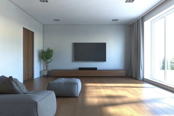 Modern Living Room Interior with Wall-mounted TV and Elegant Cabinet