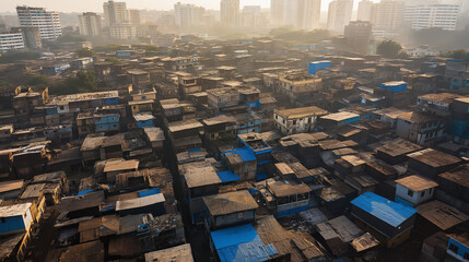 Aerial view of a slum in mumbai showing crowded houses