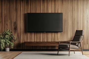 Minimalist Living Room Interior with TV Cabinet on Wooden Wall Background