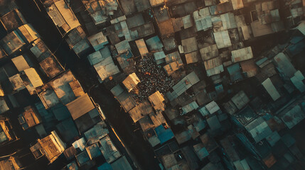 Aerial view of impoverished slum showing crowded houses and poverty