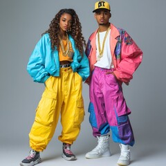 A young couple poses in vibrant 90s fashion with bold colors and accessories.