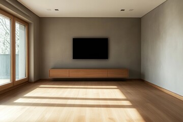 Fototapeta premium Minimalist Living Room Interior with Contemporary TV Cabinet and Wooden Floor
