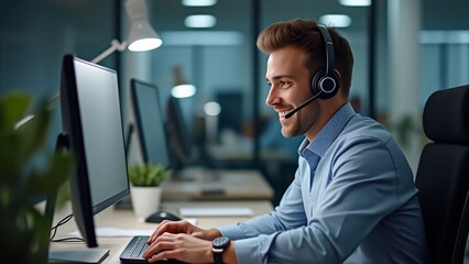 Happy man call center agent wearing headset talking to client working in customer support office. Professional contract service telemarketing operator using laptop having conversation.