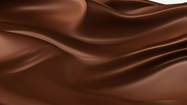 Close-up of smooth, flowing molten chocolate, showcasing its rich and glossy texture. The luscious brown liquid creates an appetizing visual perfect for dessert or confectionery themes.