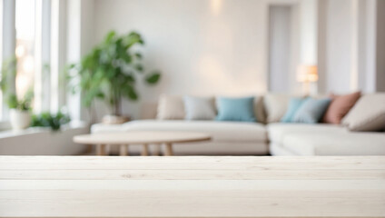 Empty Beautiful white wood table top and blur bokeh modern living room interior background in clean and bright