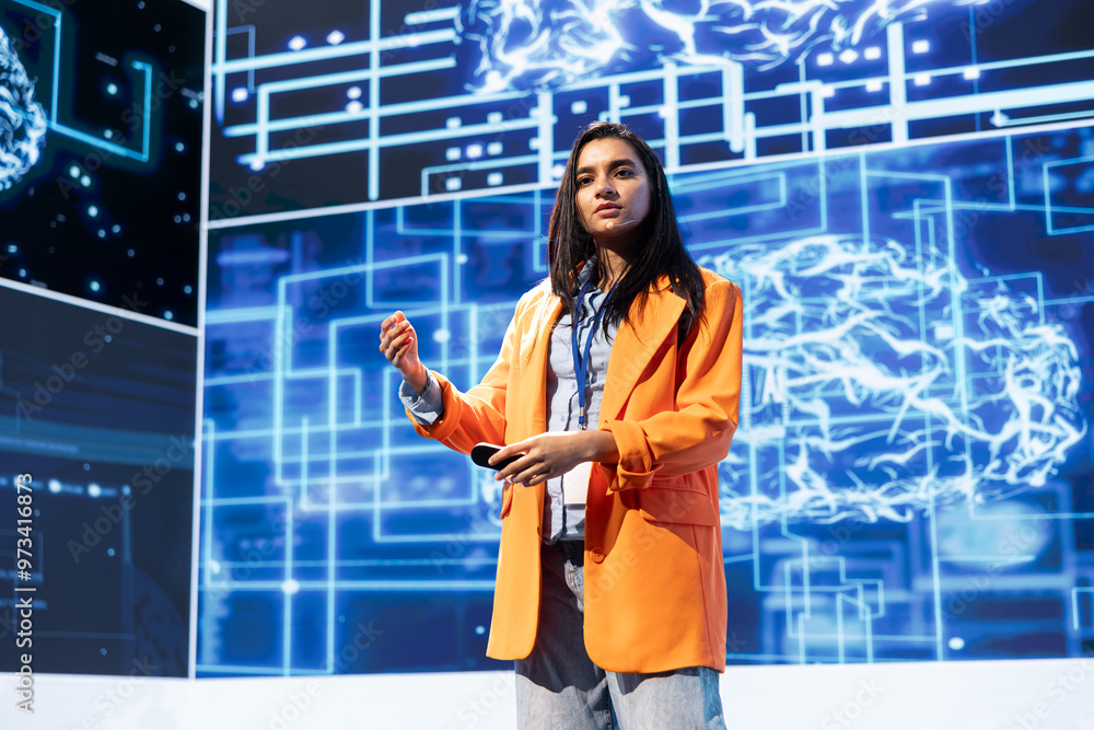 Poster technician presenting how artificial intelligence technologies can bring businesses increased produc