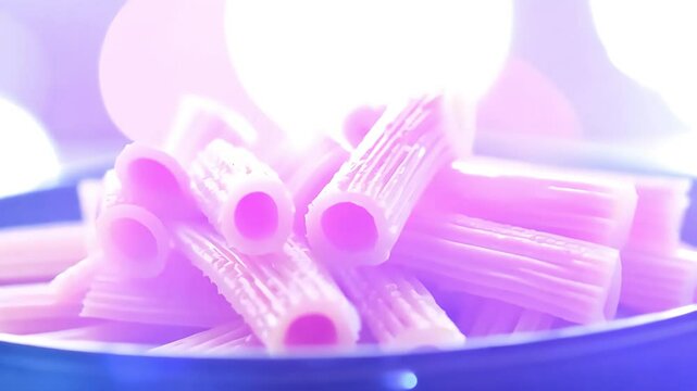 A close-up of uncooked rigatoni pasta, showcasing its tubular shape and texture. The soft, pastel-colored background adds a contemporary touch to this classic Italian staple.